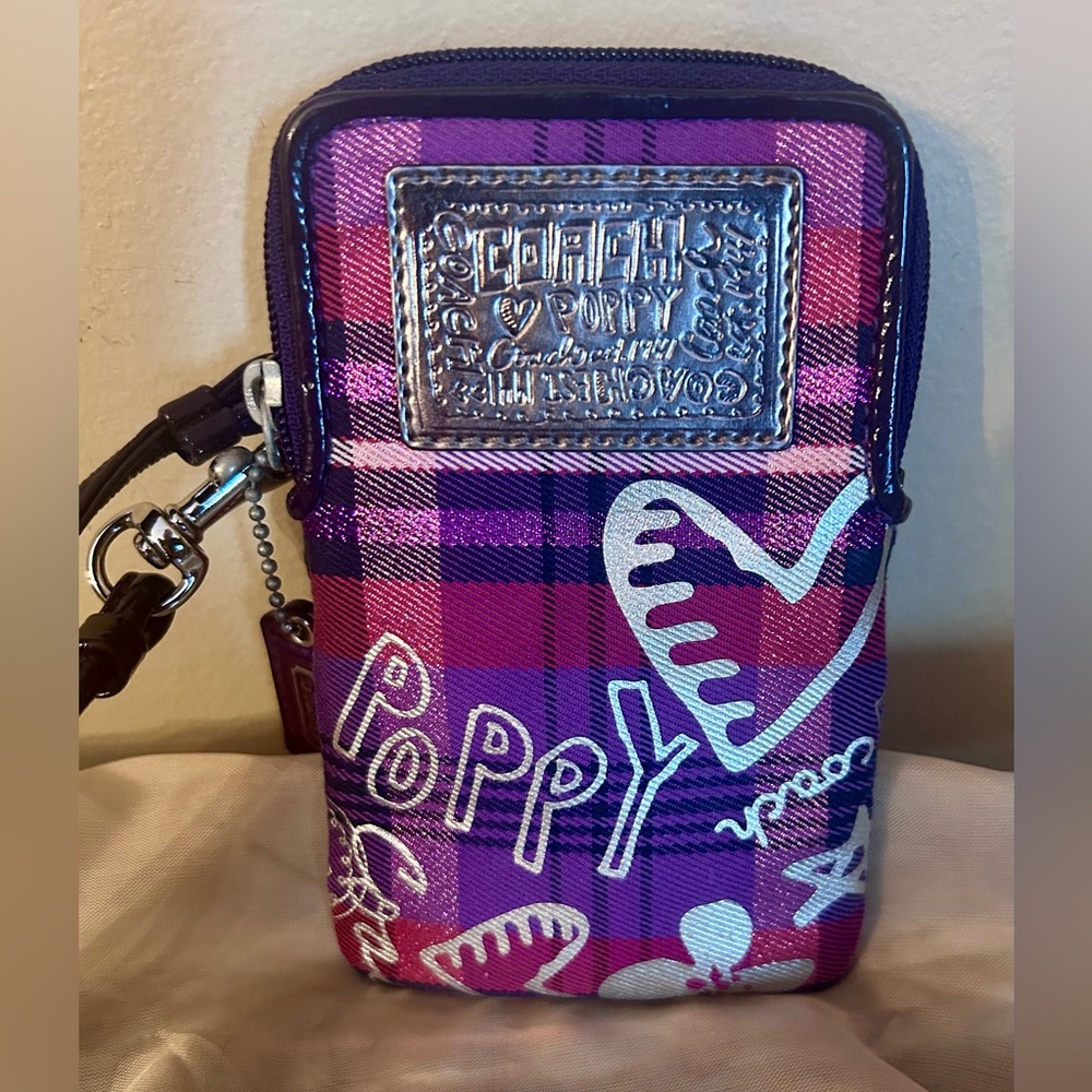 Coach Purple Plaid Poppy Wristlet Phone Case and Cardholder